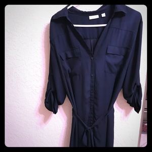 New York & Company Navy Button-Front Shirt Dress